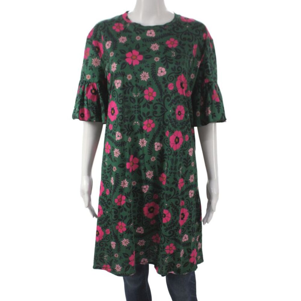 La Double J Women Shift Dress Green Floral 100% Cotton 3/4 Sleeve Size M